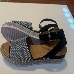 Forever Silver Rhinestone Platform Sandals with Black Straps
